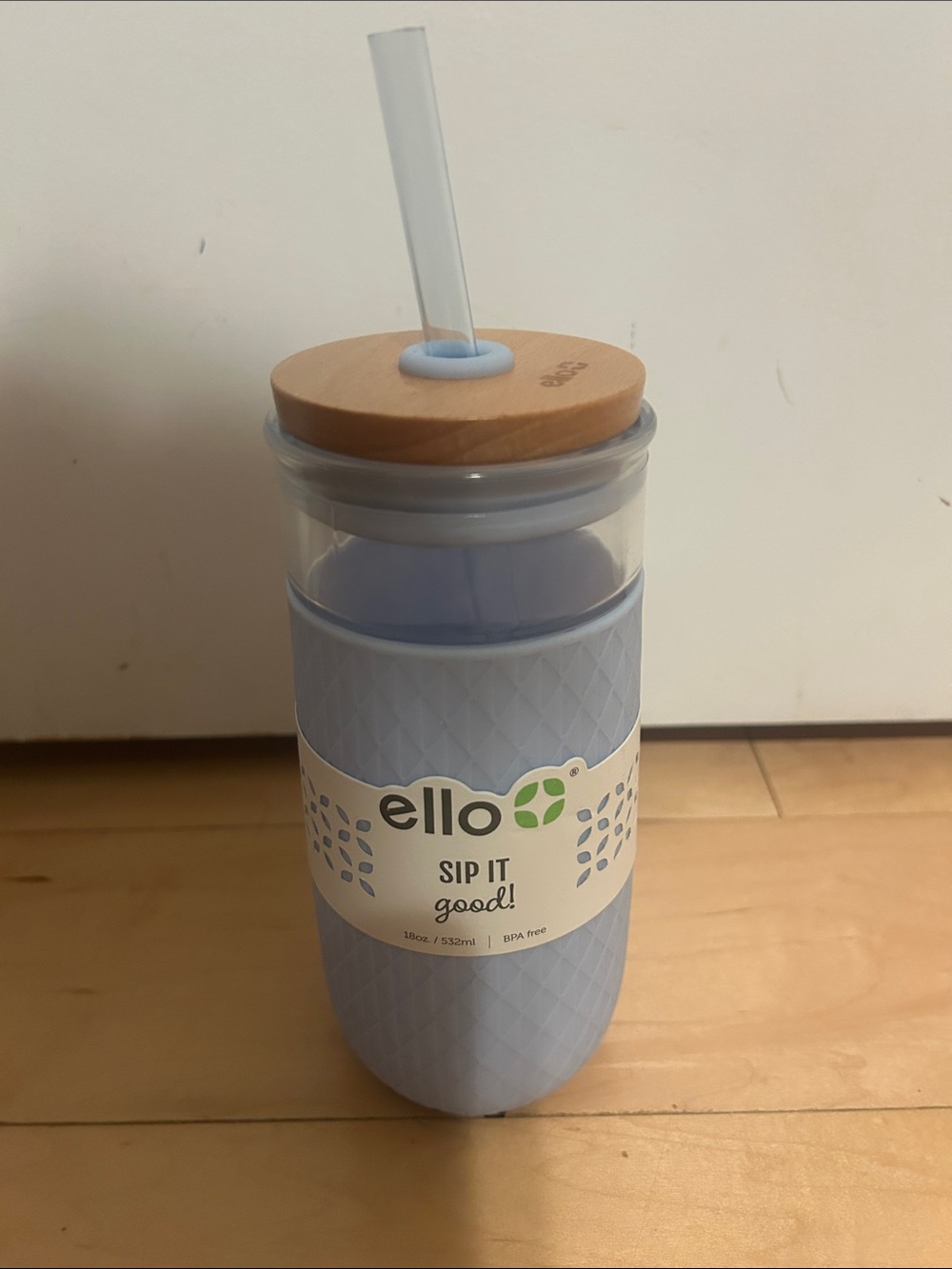 ello Blue Silicone Travel Cup with Bamboo Lid and Straw